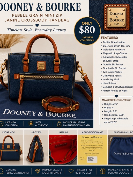 Dooney & Bourke Handbags - Dooney & Bourke Navy Pebble Grain Mini Zip Satchel with Tan Trim